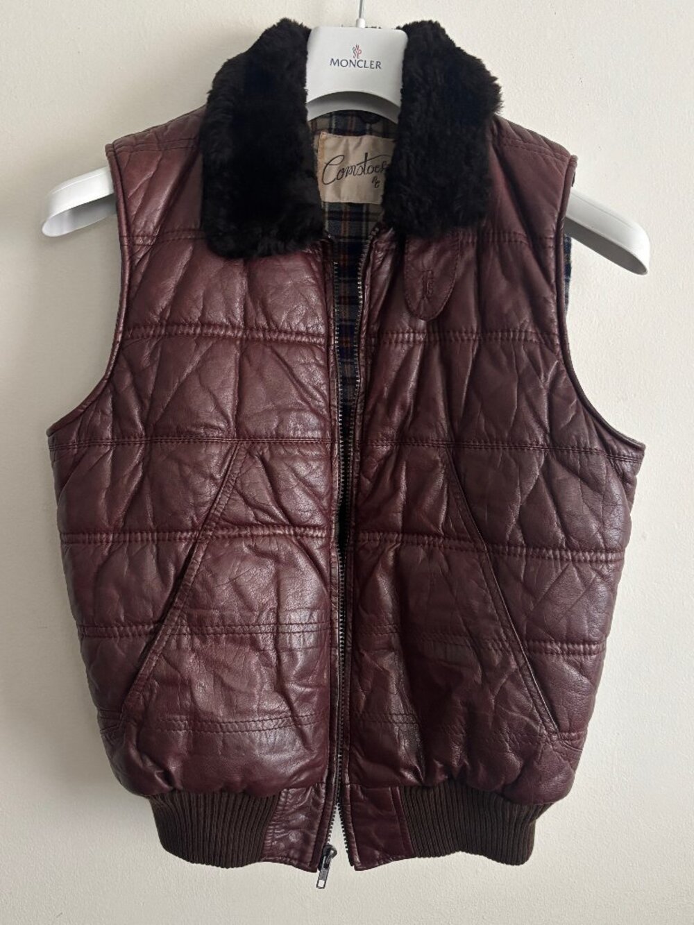 Comstock Brown Quilted Leather Vest/ Shearling Collar - 38 Small/Medium - Picture 4 of 13